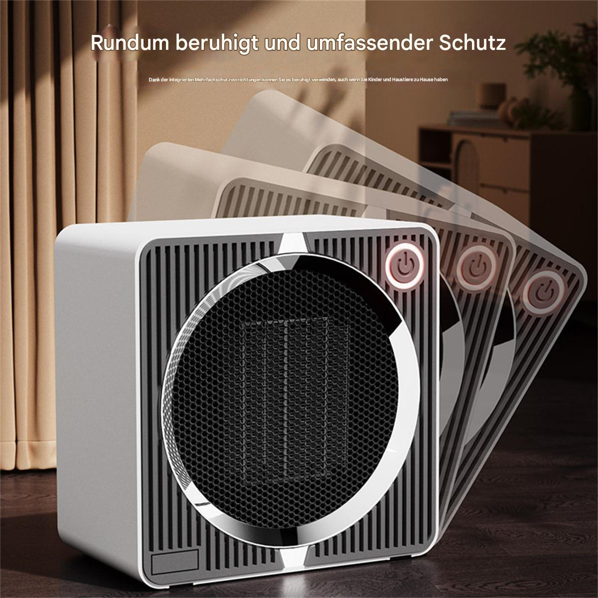 Weißer und schwarzer Luftreiniger mit mehreren geschichteten visuellen Effekten, Text auf Deutsch.
