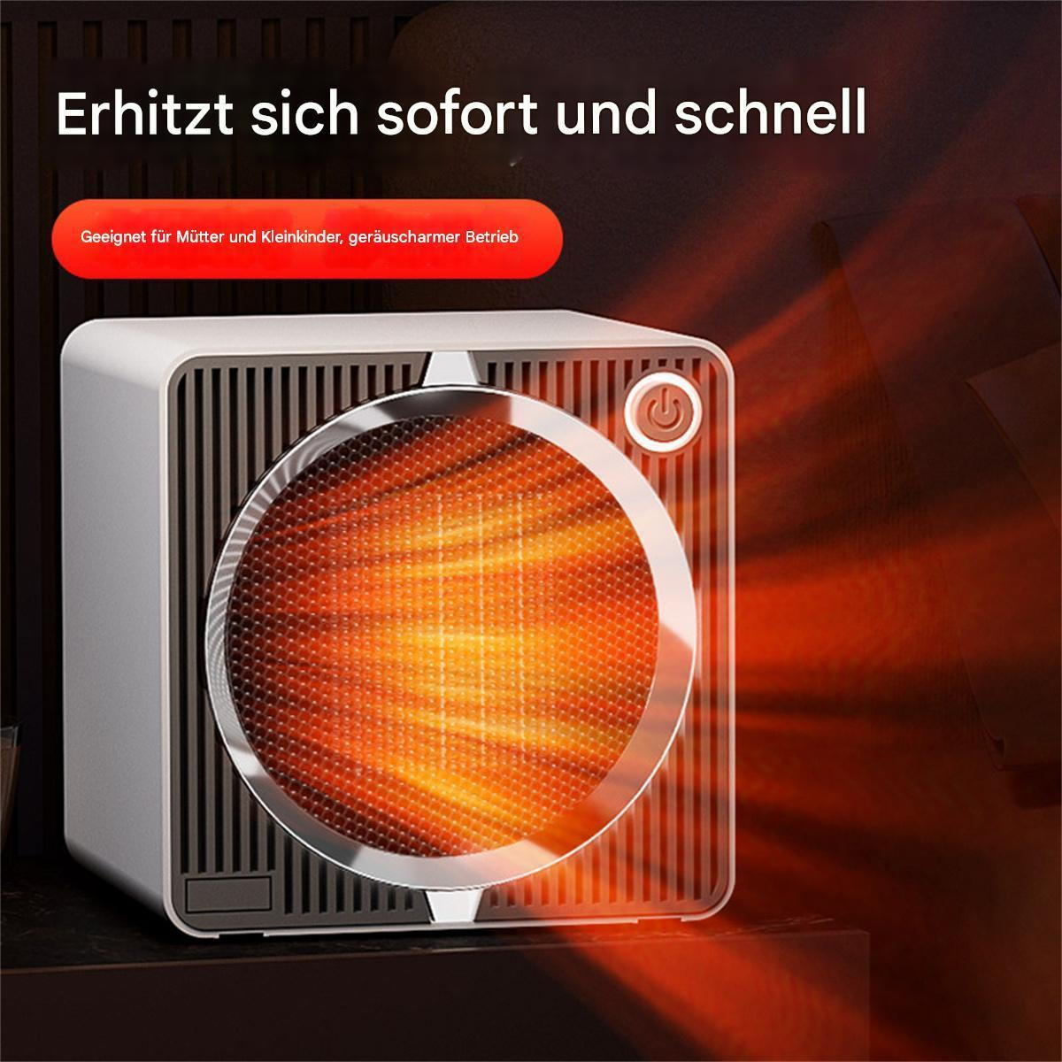 Ein kleiner weiß-grauer Elektroheizer mit glühendem Heizkörper. Text auf Deutsch ist vorhanden.
