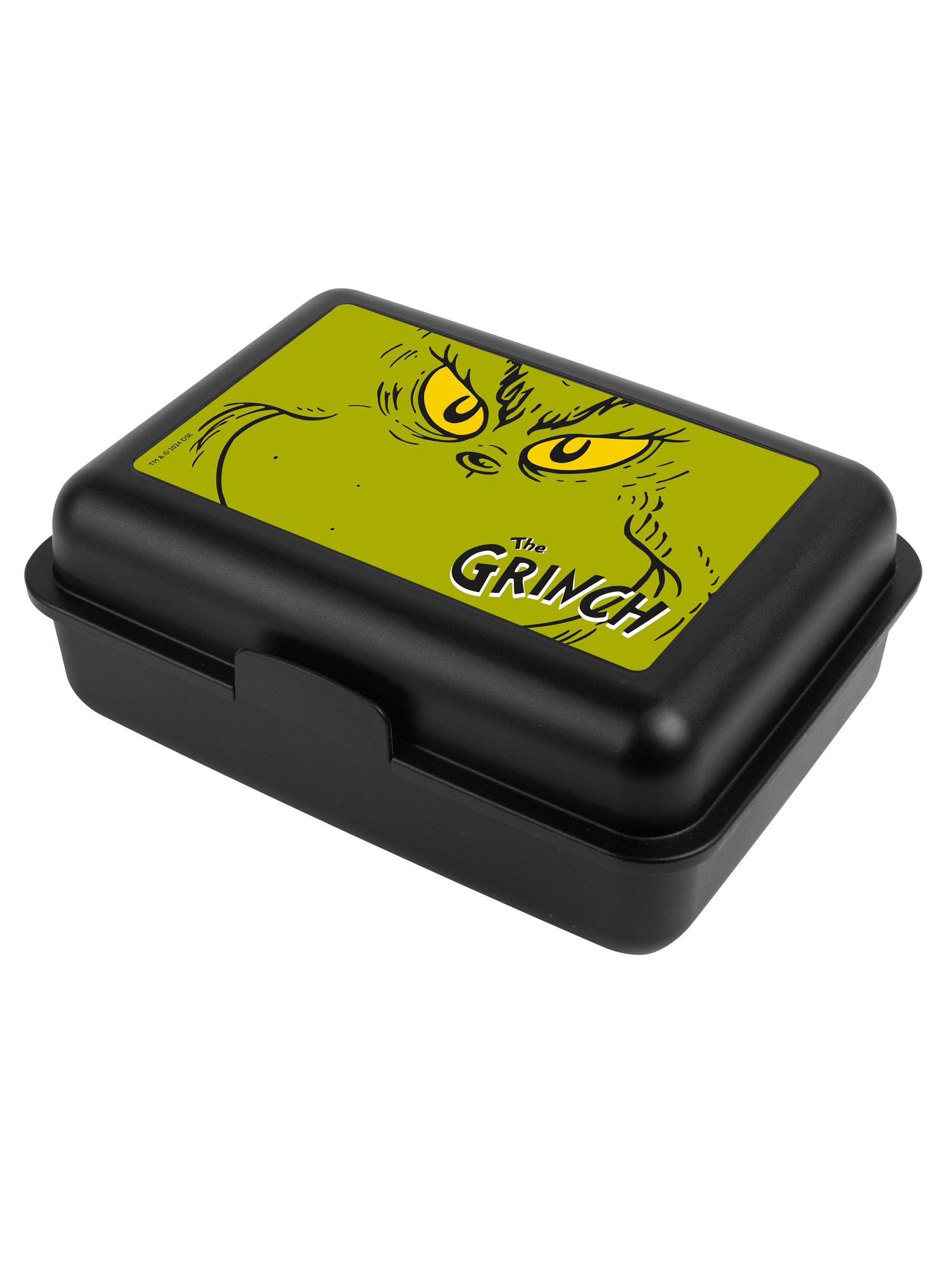 Schwarze Brotdose mit Grinch-Gesichtsgrafik auf dem Deckel.