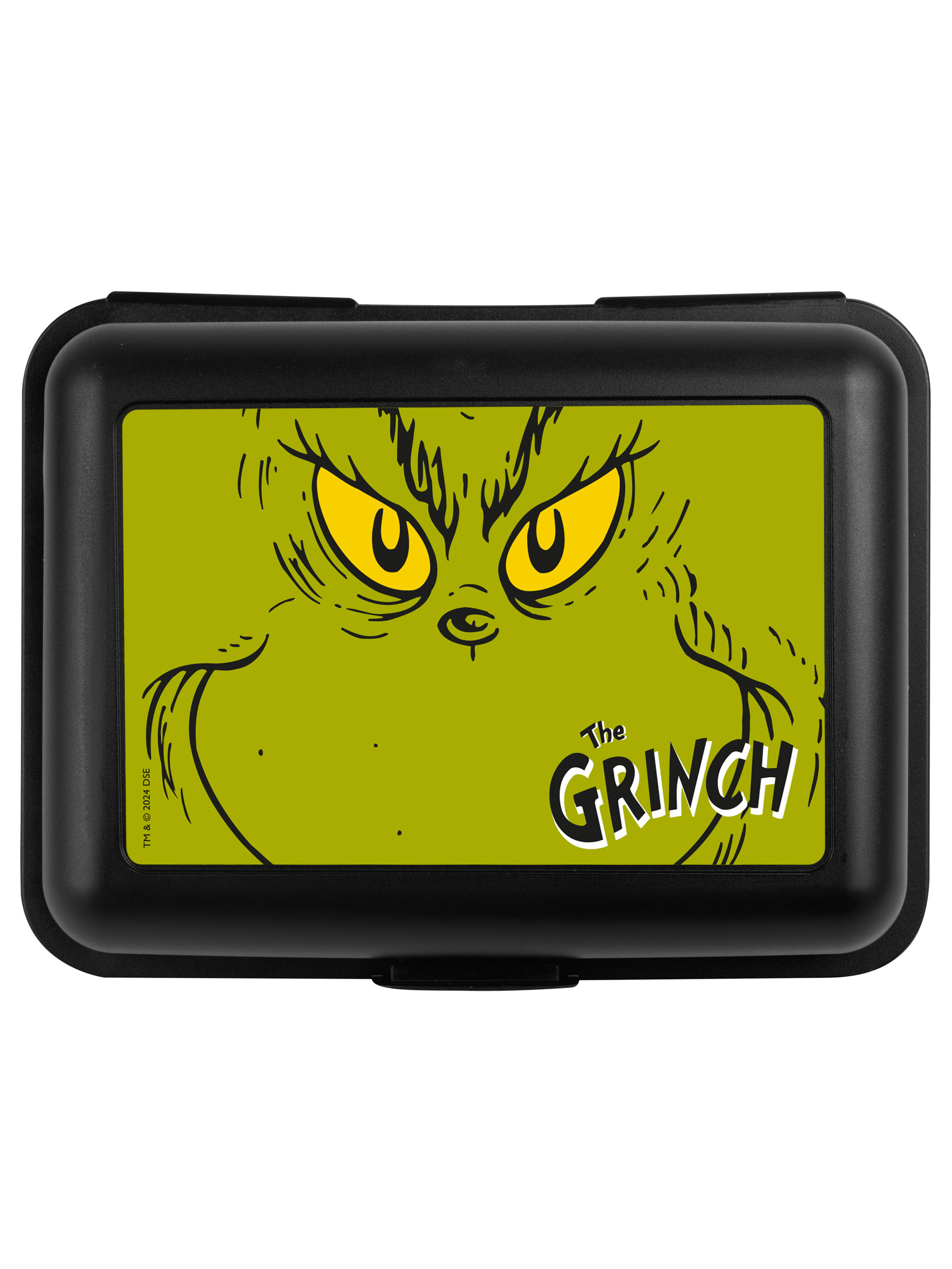 Schwarze Brotdose mit dem Gesicht des Grinch darauf. Der Grinch hat gelbe Augen und ein gebogenes Grinsen.