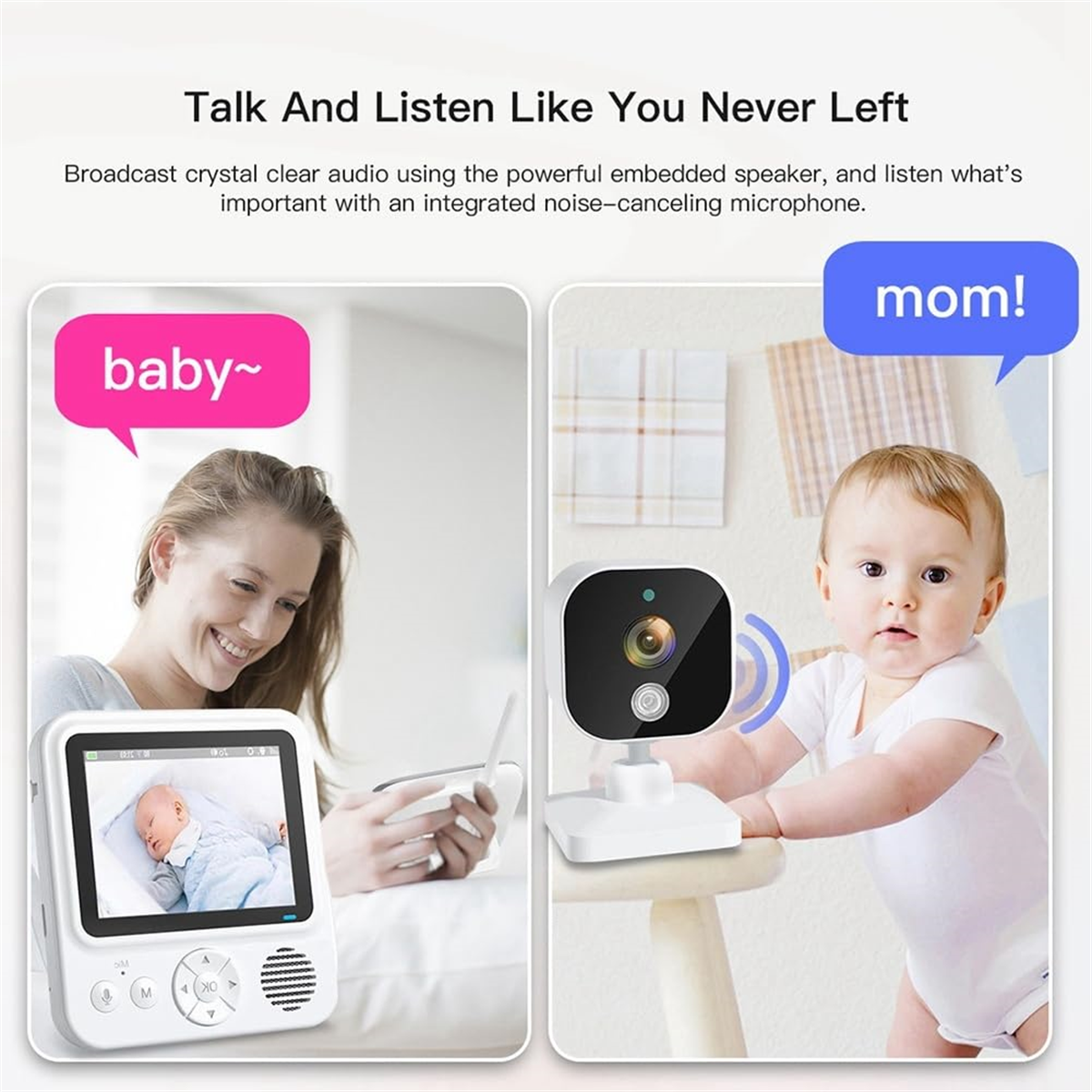 Ein Babyfon-Set. Ein Bildschirm zeigt ein Baby. Ein Baby ist im anderen Bild. Textblasen.