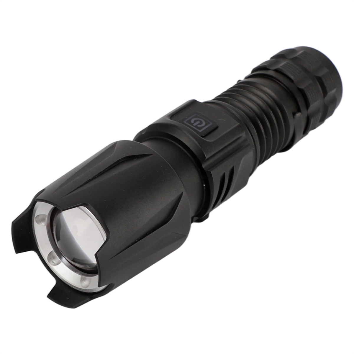 Eine schwarze Taschenlampe mit strukturiertem Griff und hellem Objektiv. Der Kopf hat ein einzigartiges Design mit mehreren Lichtern.