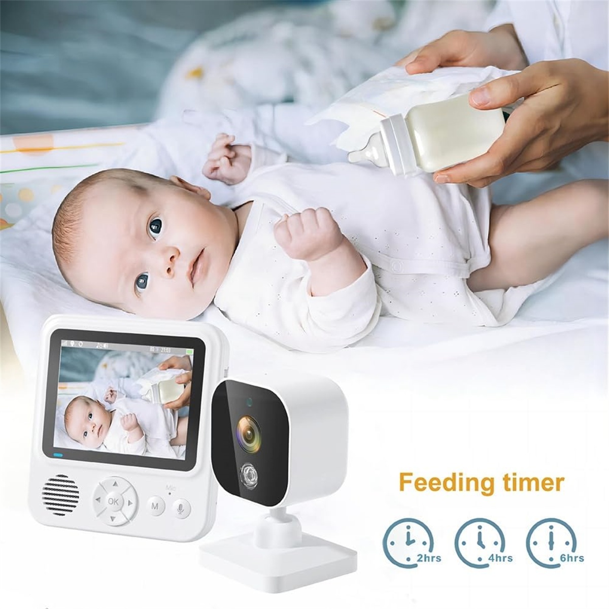 Ein Babyphone mit Baby und einer Person, die eine Flasche im Hintergrund hält.