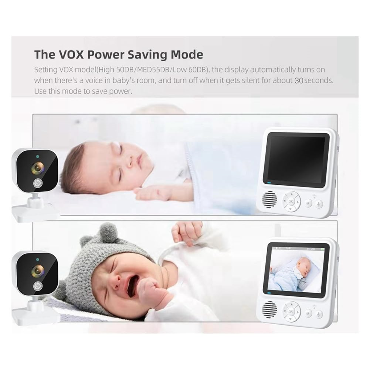 Babyphone mit zwei Kameras, eines zeigt ein schlafendes Baby, das andere weint.