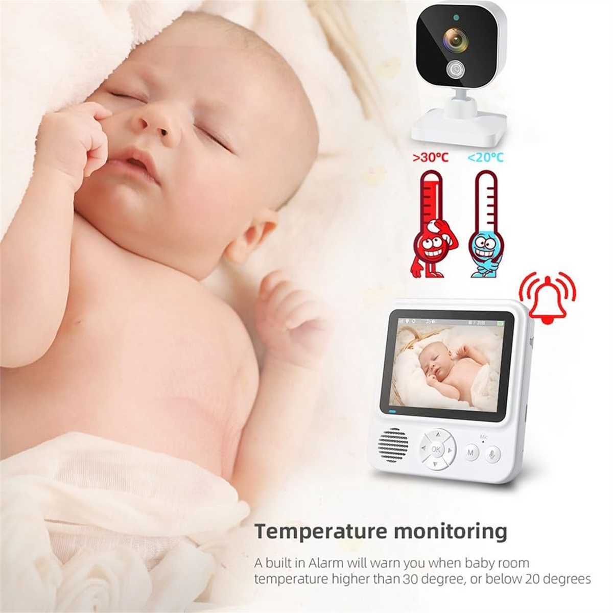 Babyphone mit schlafendem Baby, Temperaturanzeige und Alarm.