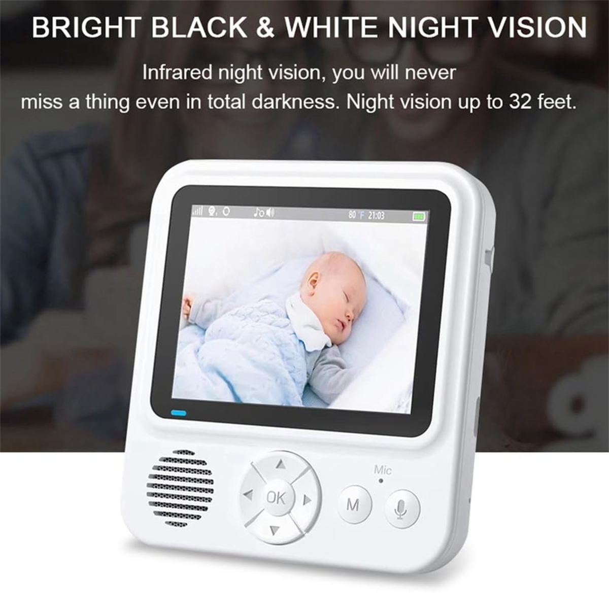 Babyphone mit schlafendem Baby auf dem Bildschirm. Text über Nachtsicht.