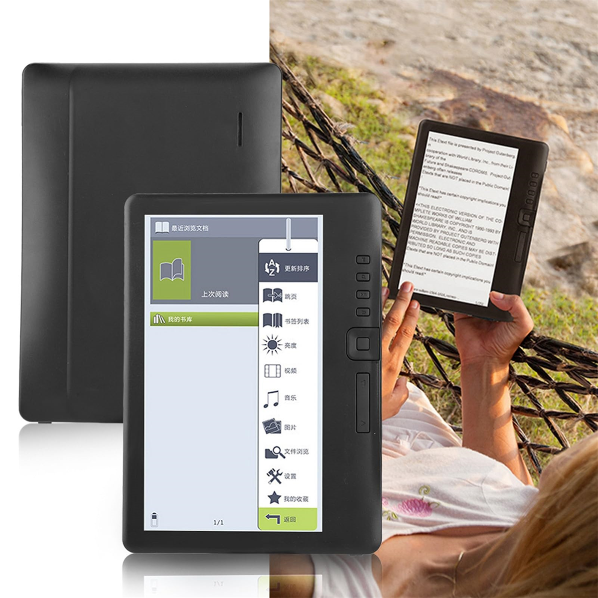 Ein E-Reader zeigt ein Menü. Ein anderer E-Reader wird offen gehalten. Der Hintergrund zeigt eine Person.