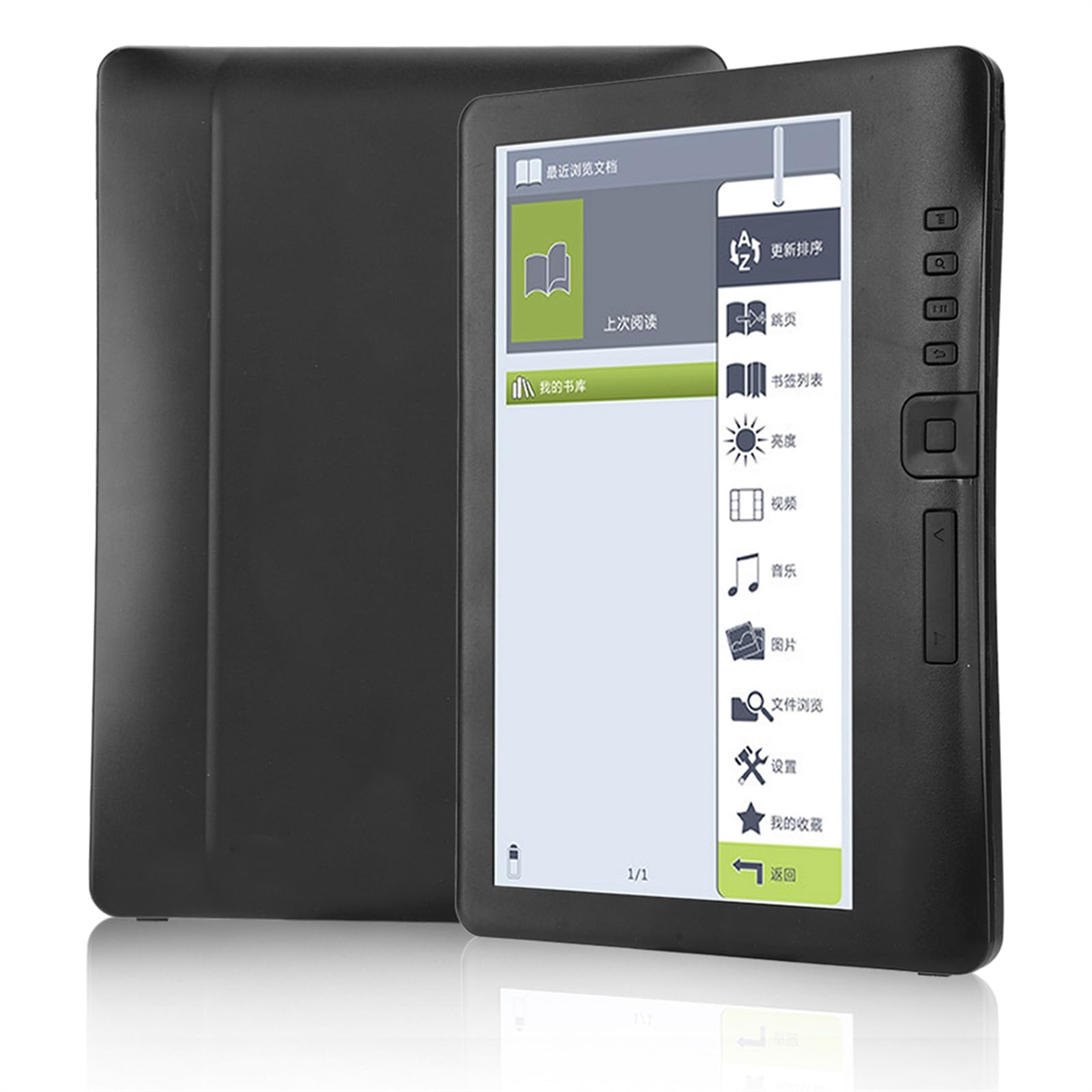 Schwarzer E-Reader mit einem Bildschirm, der Text und Symbole anzeigt. Weißer Hintergrund.