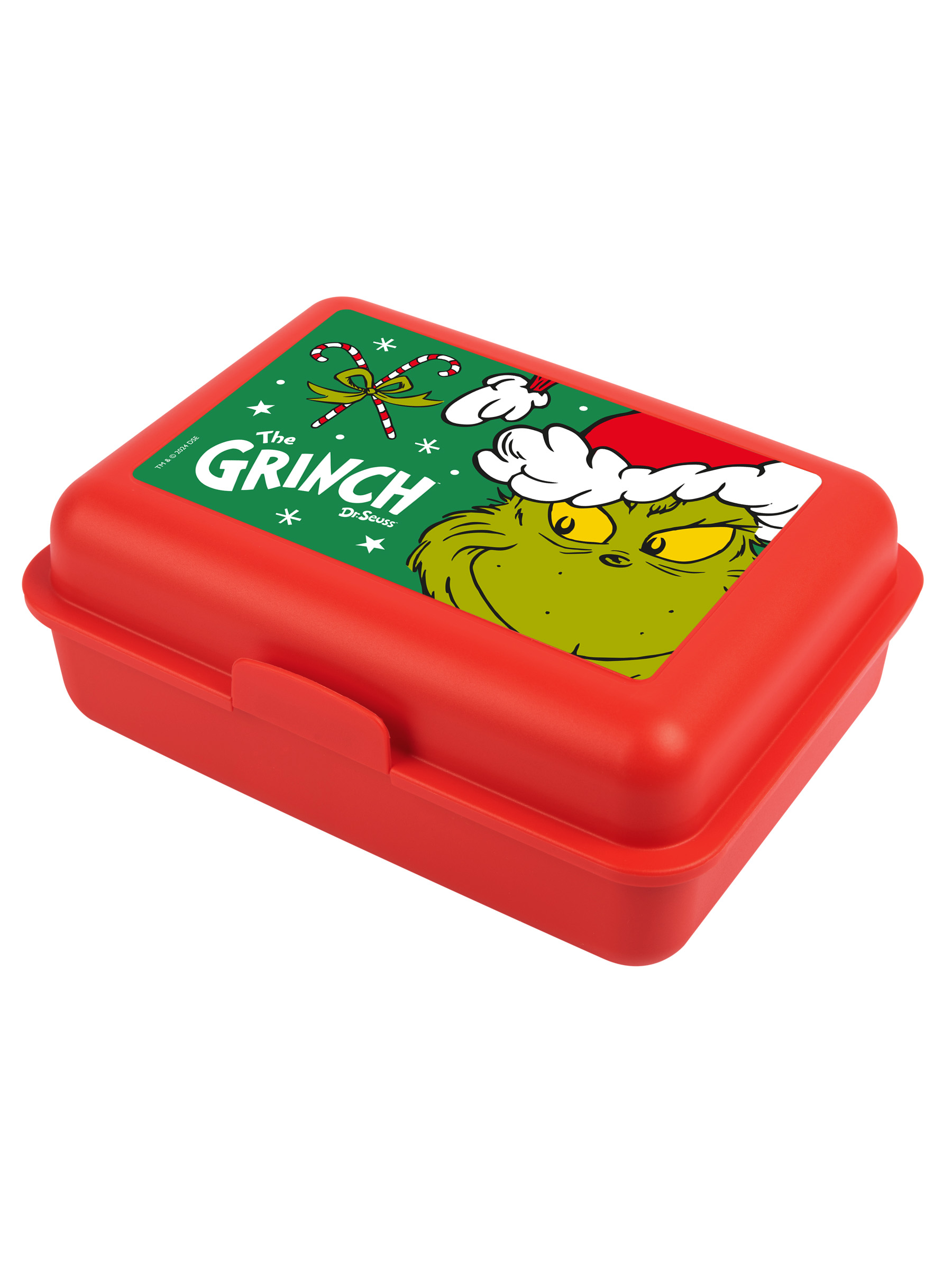 Rote Brotdose mit dem Grinch. Die Box hat einen Schnappverschluss und ein Bild auf dem Deckel.