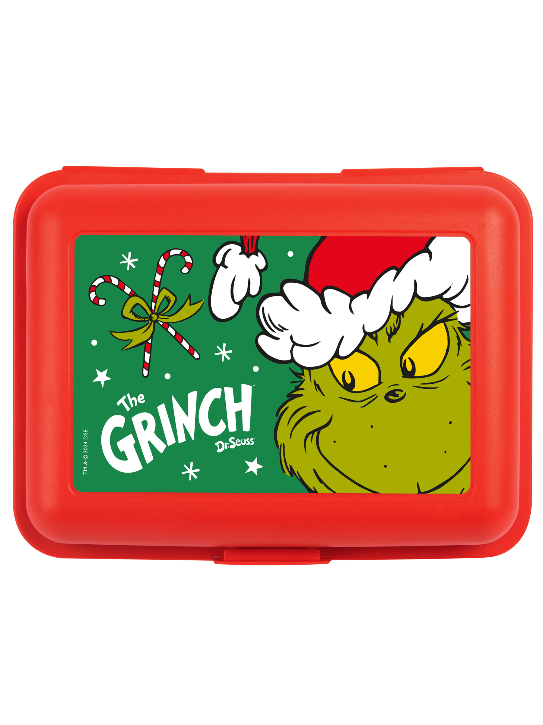 Eine rote Grinch-Brotdose mit dem Gesicht des Grinch und einem Zuckerstangen-Design auf der Vorderseite.