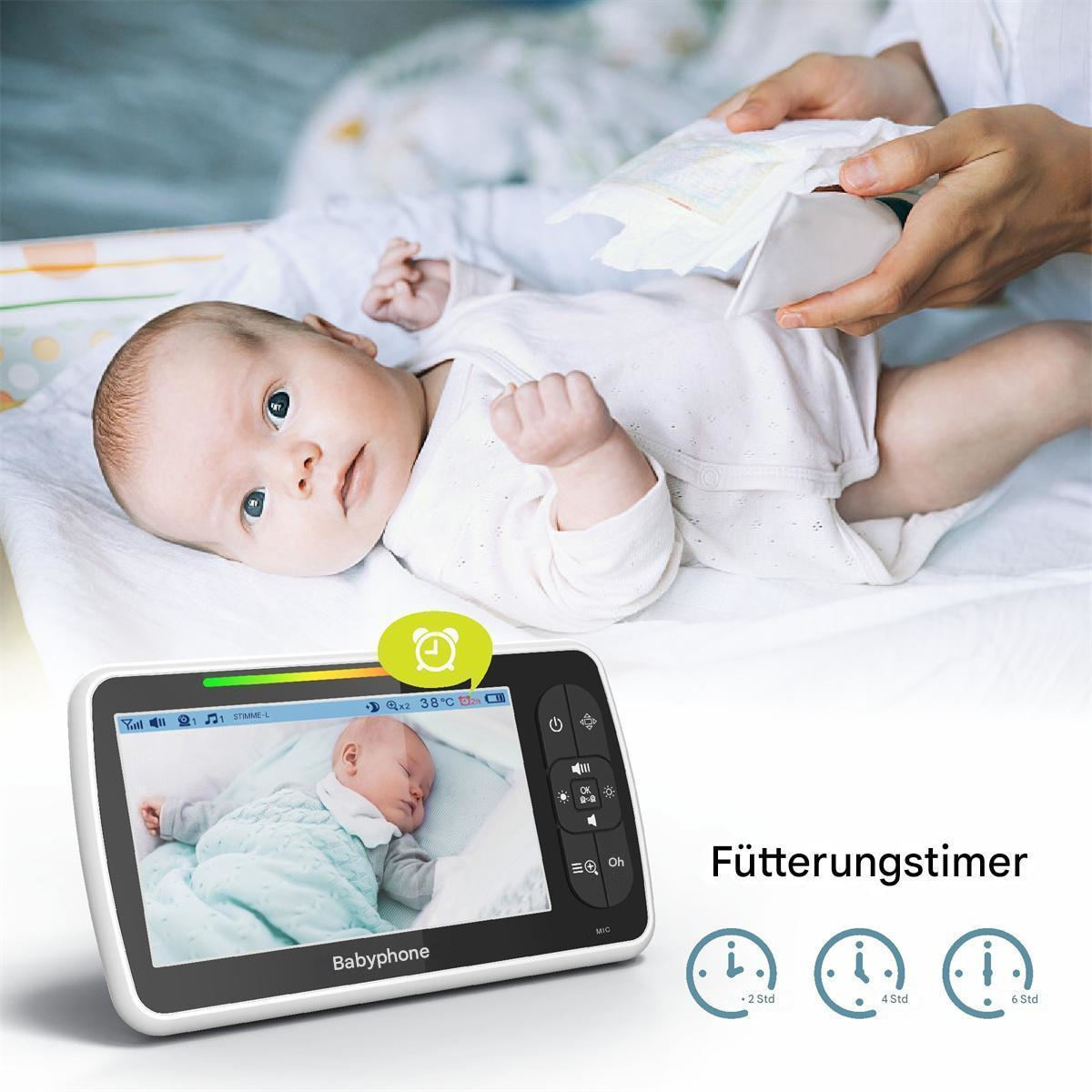 Ein Babyphone, das ein schlafendes Baby zeigt. Der Bildschirm zeigt einen Timer mit einem Uhrensymbol.