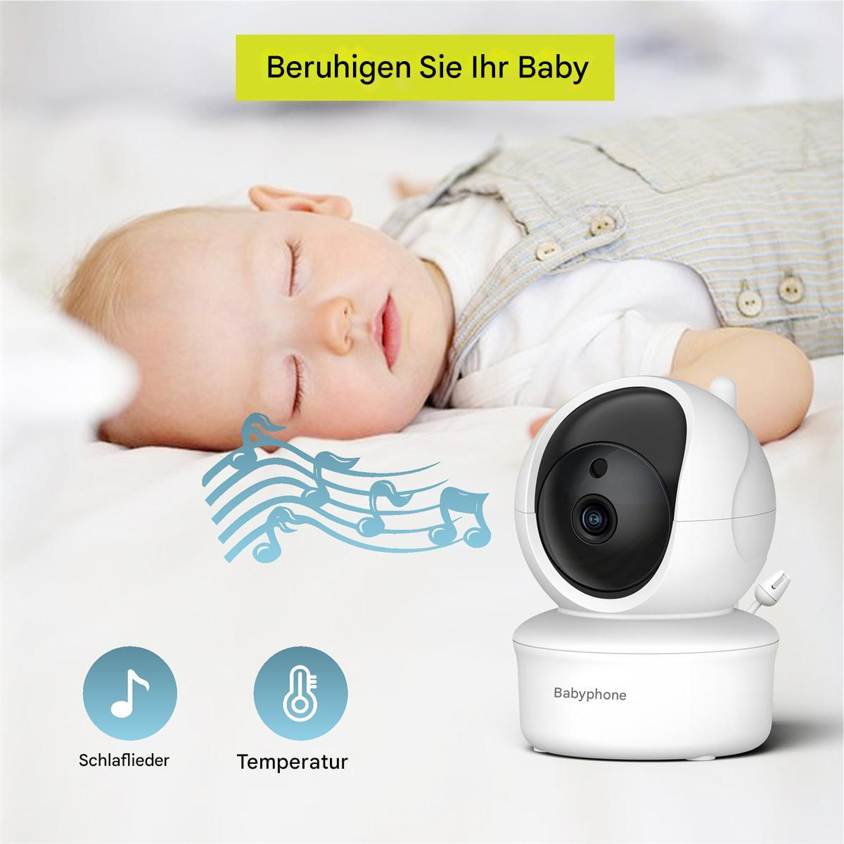 Baby schläft im Bett, mit Babyphone und Symbolen für Musiknoten und Temperatur.