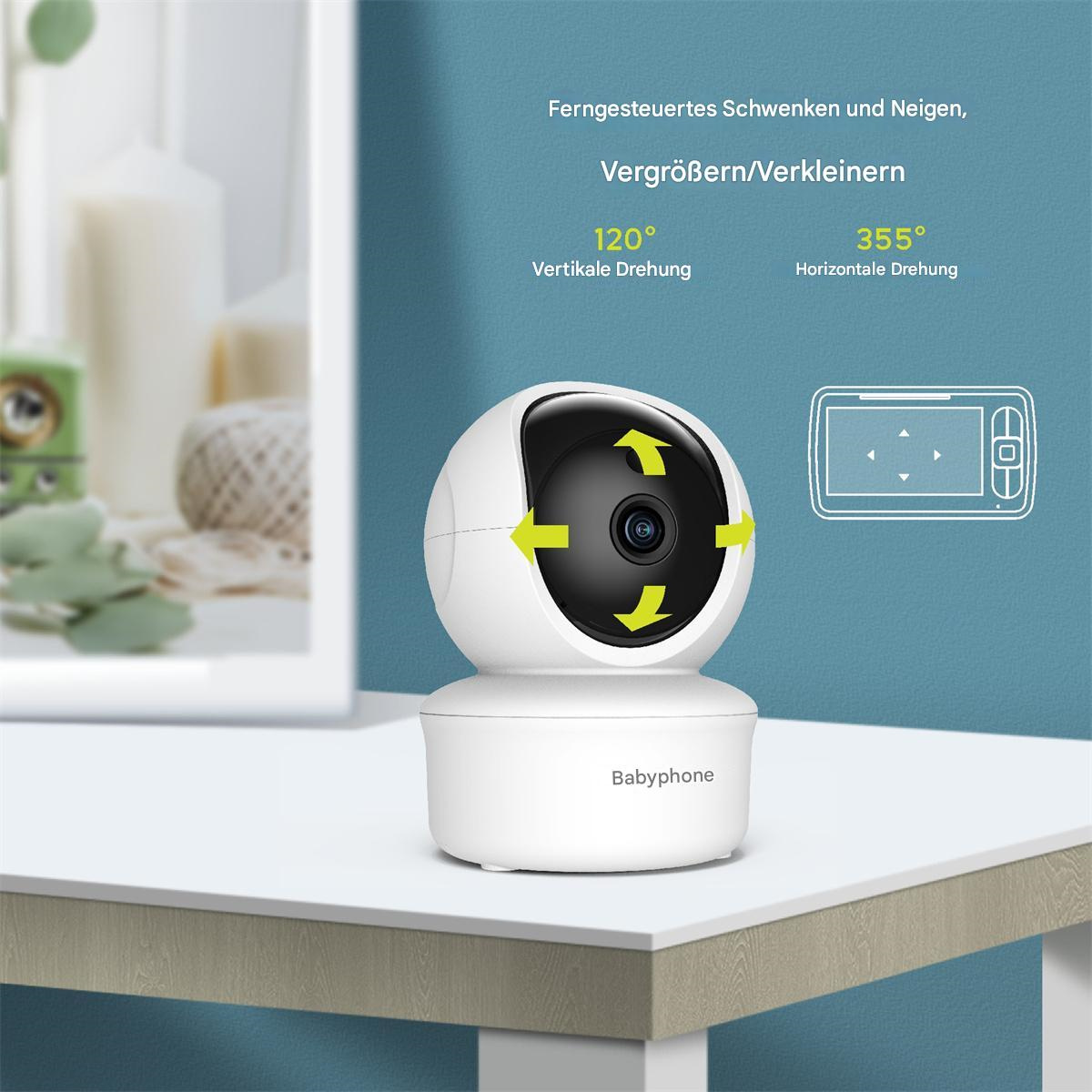 Weiße Babyphone-Kamera auf einem weißen Tisch, Text über horizontale und vertikale Drehung.