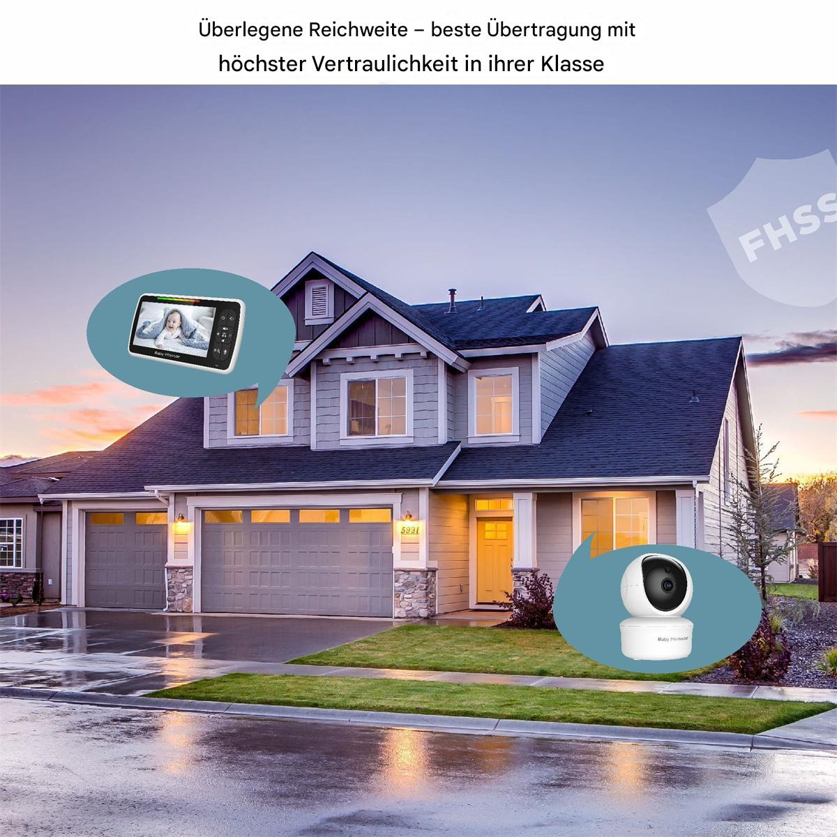 Ein Haus mit Babyphone- und Kamera-Symbolen, mit Text über überlegene Reichweite und Klarheit.