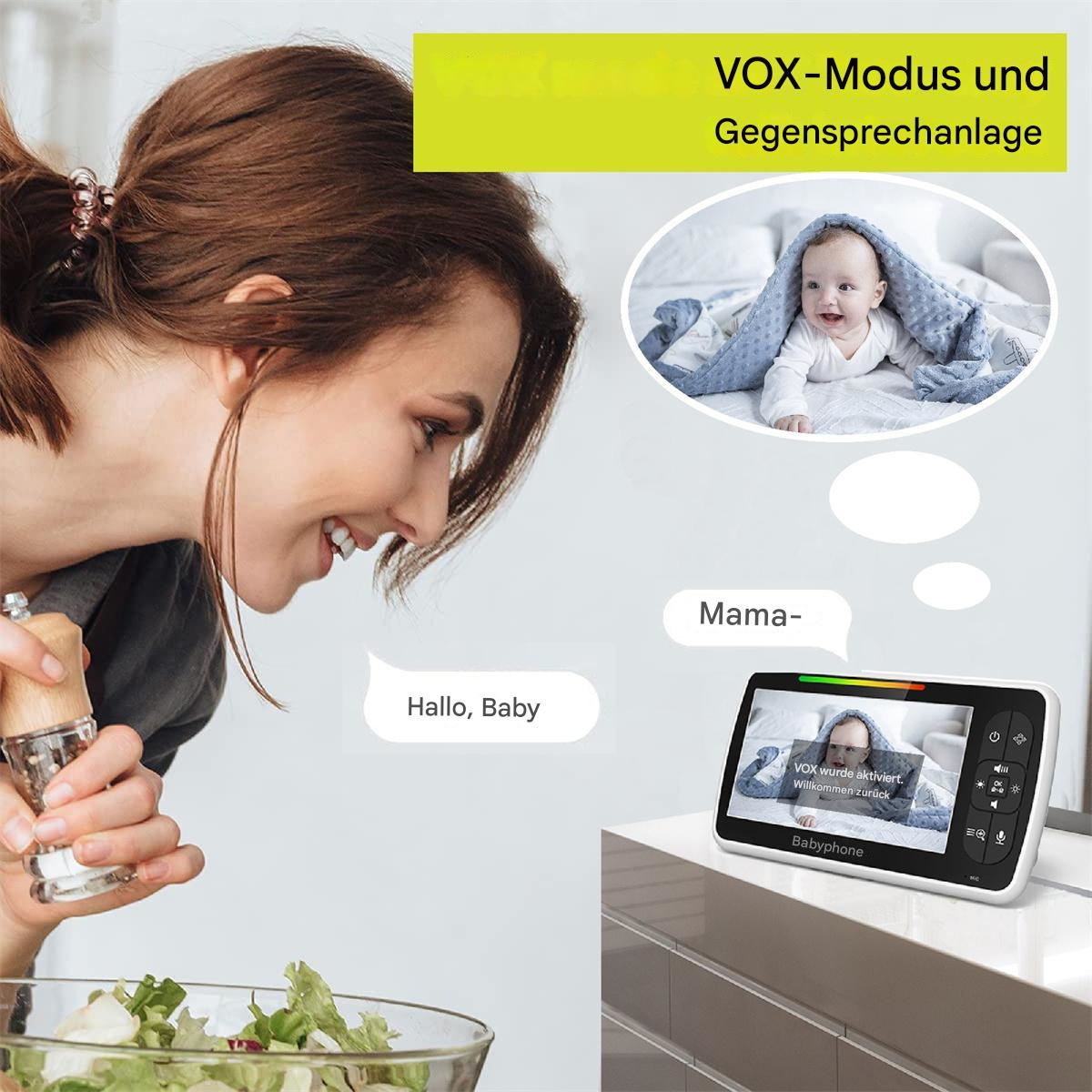 Babyphone mit Bildschirm, das ein Baby und eine sprechende Frau zeigt.