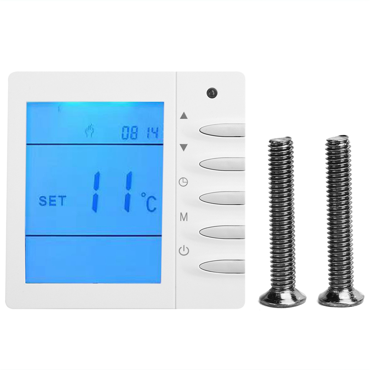 Digitaler Thermostat mit blauem Display, zeigt Temperatur und Uhrzeit. Zwei Schrauben sind sichtbar.