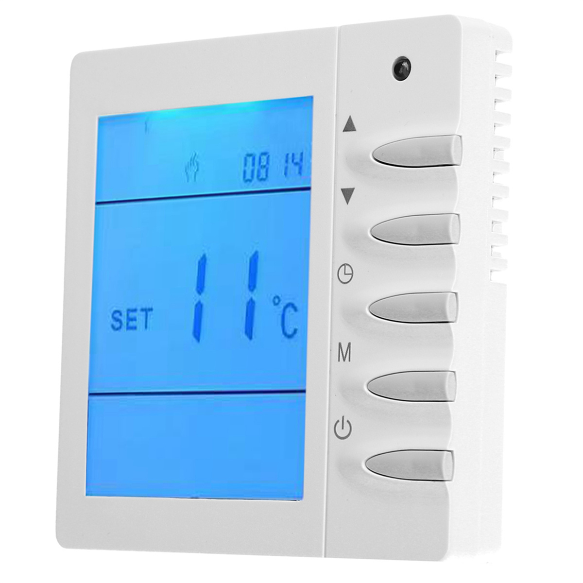 Weißer Thermostat mit blauem Display, das Zeit und Temperatur anzeigt. Er hat Knöpfe an der Seite.
