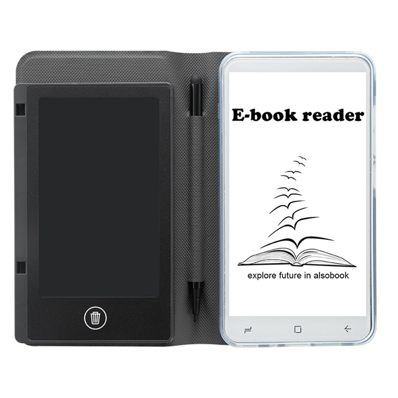Ein schwarzer E-Book-Reader in einem Etui mit einem Stift und einem weißen Bildschirm mit Buch und Vögeln.