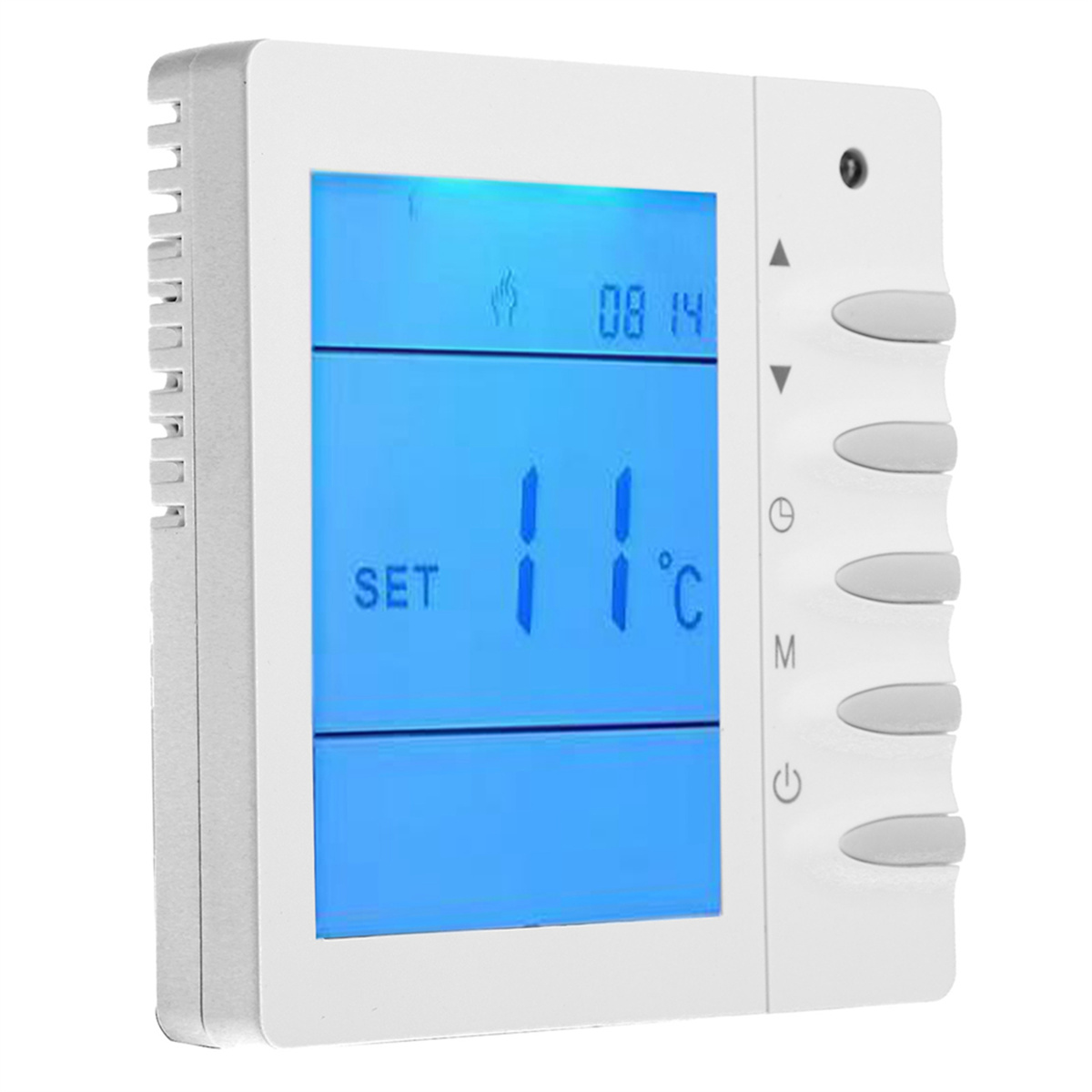 Ein weißer Thermostat mit blauem Display. Es zeigt die Temperatur und Einstellungen.