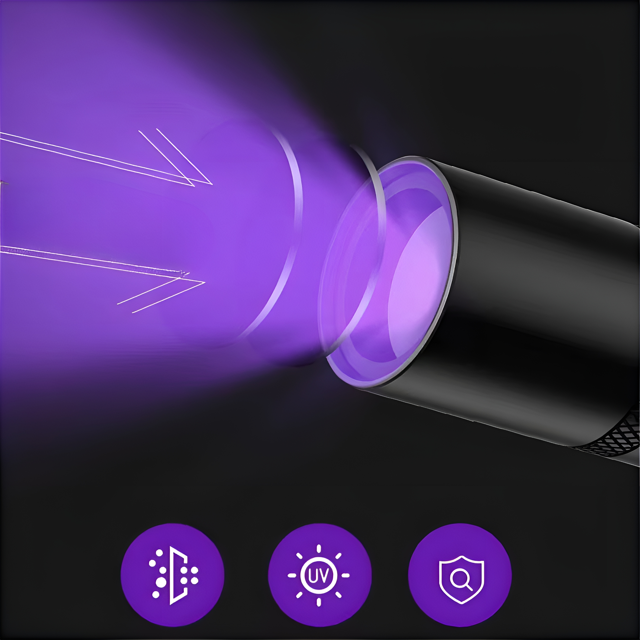 Ein schwarzes UV-Lichtgerät emittiert violettes Licht mit grafischen Symbolen darunter.