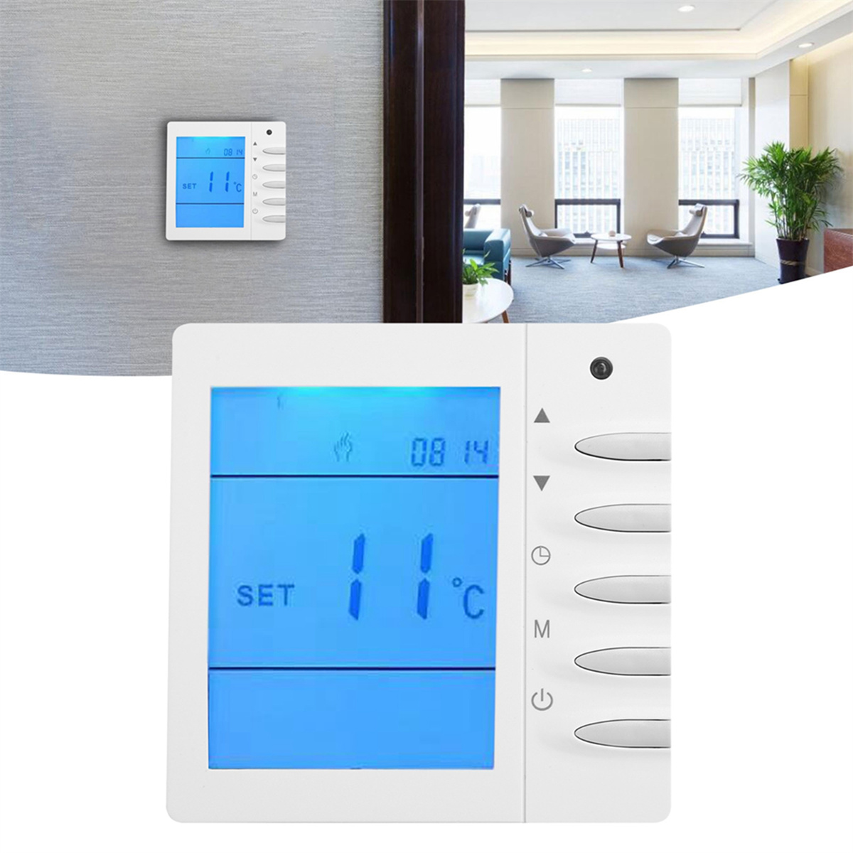 Ein weißer Thermostat an einer grauen Wand, der Zeit und Temperatur anzeigt. Blauer Bildschirm.