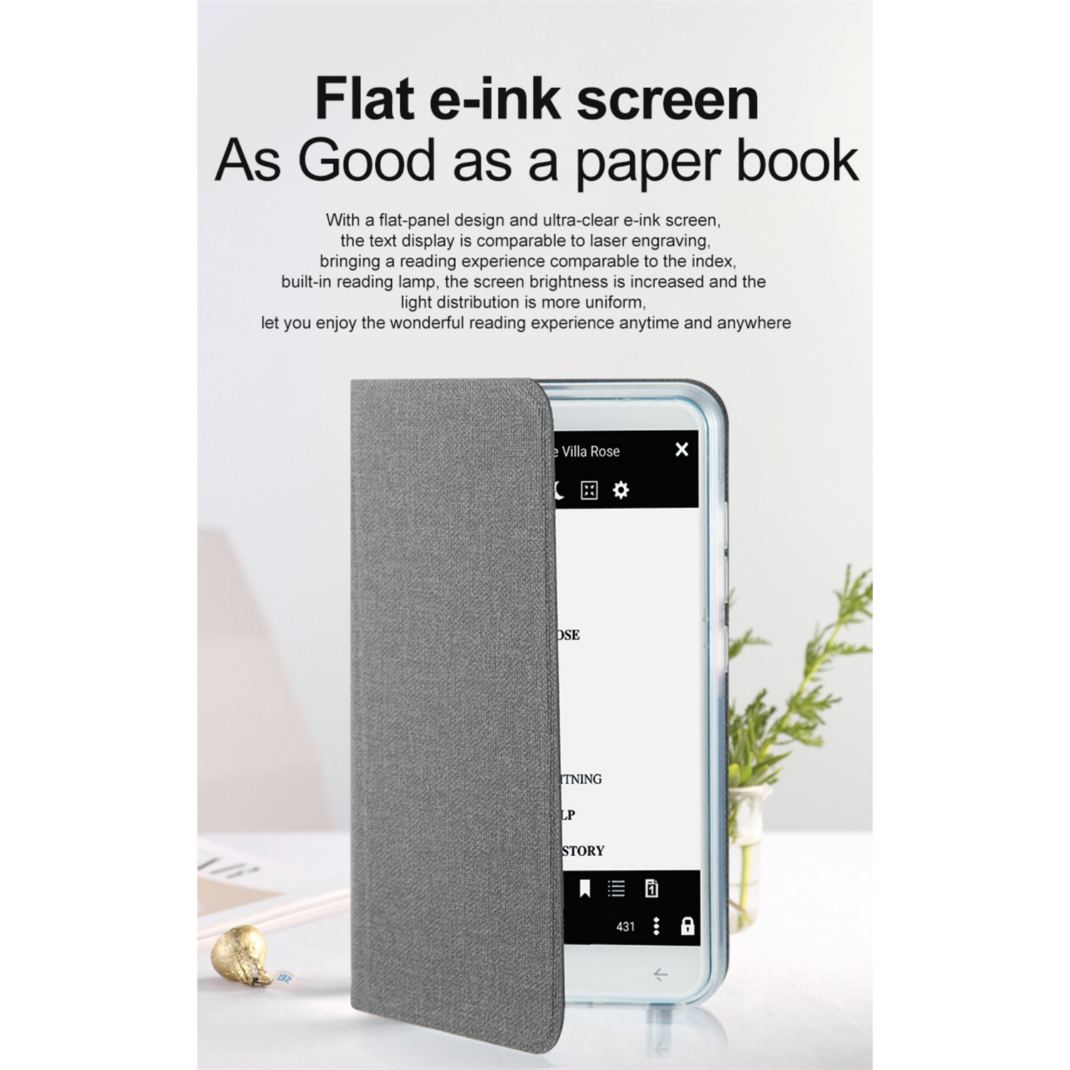 Ein Telefon in einer Hülle, das eine E-Book-Seite mit Text und einem dekorativen Goldobjekt anzeigt.