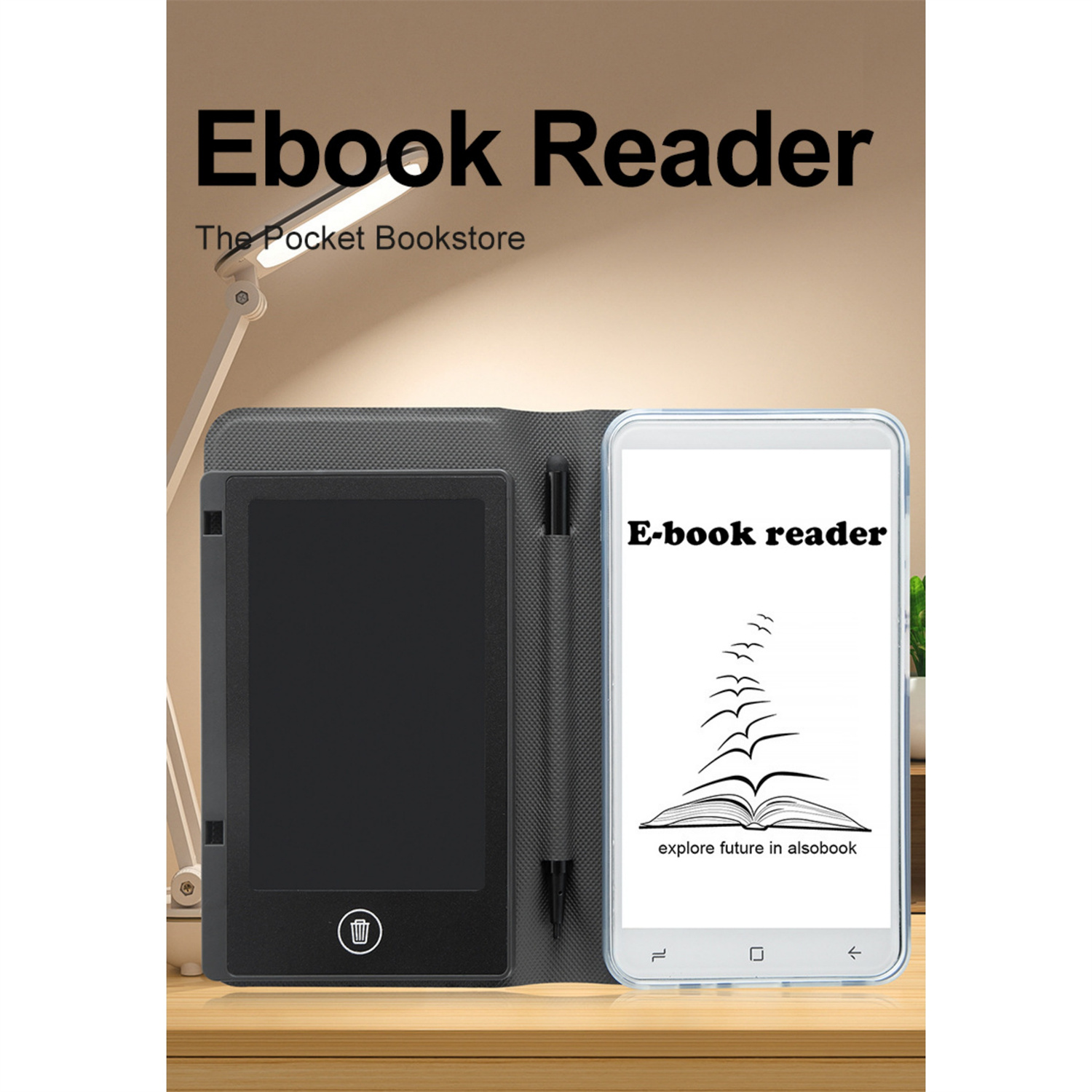 E-Book-Reader mit E-Ink-Bildschirm, Stift und Hülle sowie ein Telefon mit einem Buch auf dem Bildschirm.