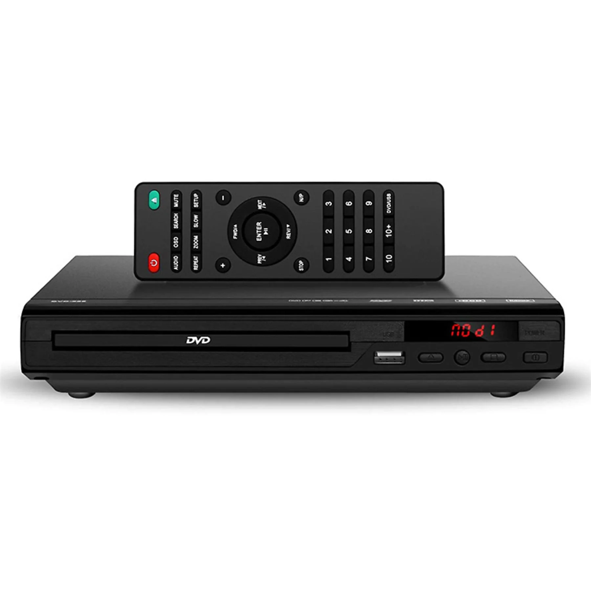 Ein schwarzer DVD-Player mit Fernbedienung, der vorne Zahlen anzeigt.