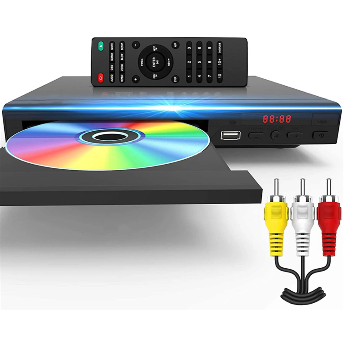 DVD-Player mit offenem Fach, Disc innen, Fernbedienung und farbigen Kabeln für Audio- und Videoausgabe.