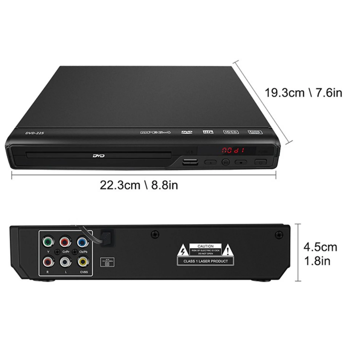 Schwarzer DVD-Player, Ansicht von oben und hinten, mit Maßangaben.