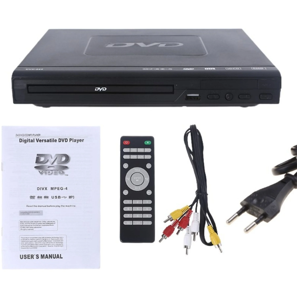 Schwarzer DVD-Player mit Fernbedienung, Kabeln und Handbuch. Weißer Hintergrund.