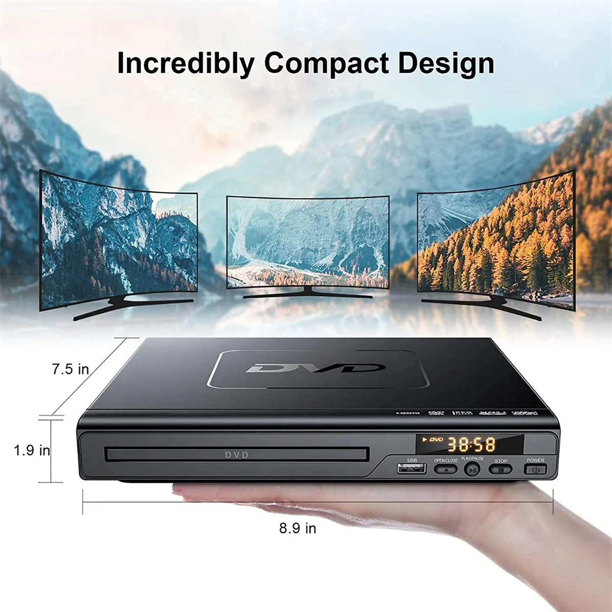 DVD-Player mit einem Bildschirm, der eine Zeit anzeigt, und drei gekrümmten Monitoren, die eine Landschaft zeigen.