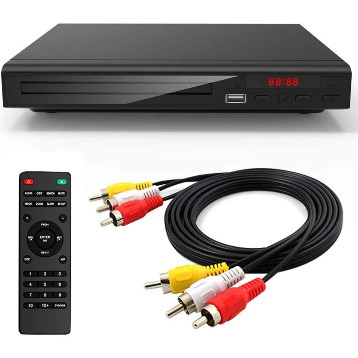 Schwarzer DVD-Player mit Fernbedienung und Kabeln. Das Display zeigt 88:88. Kabel haben gelbe, rote und weiße Enden.