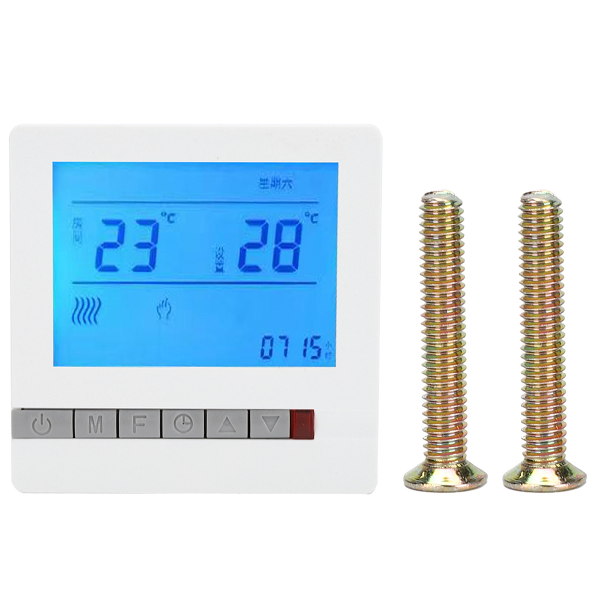 Ein weißes Thermostat mit Digitalanzeige. Zwei Schrauben befinden sich rechts. Das Display zeigt 23 und 28.
