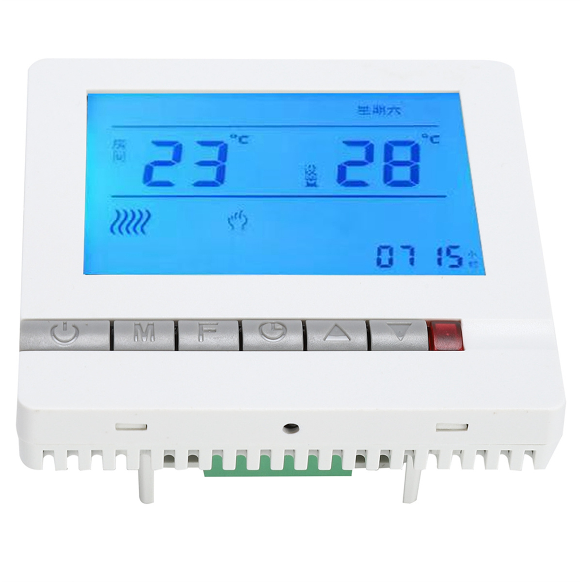 Weißer Thermostat mit blauem Bildschirm, der Zahlen und Symbole anzeigt. Graue Knöpfe unten.