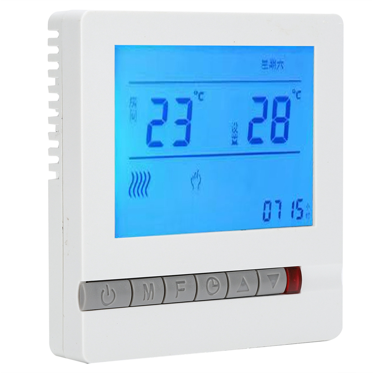 Weißer Thermostat mit blauem Display, das 23 und 28 Grad anzeigt, mit Knöpfen und Einstellungen.