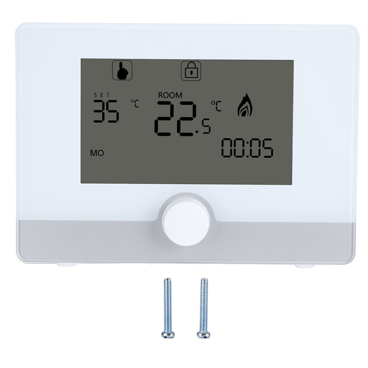 Digitales Thermostat mit Bildschirm, zeigt Temperatur und Einstellungen, mit zwei Schrauben.