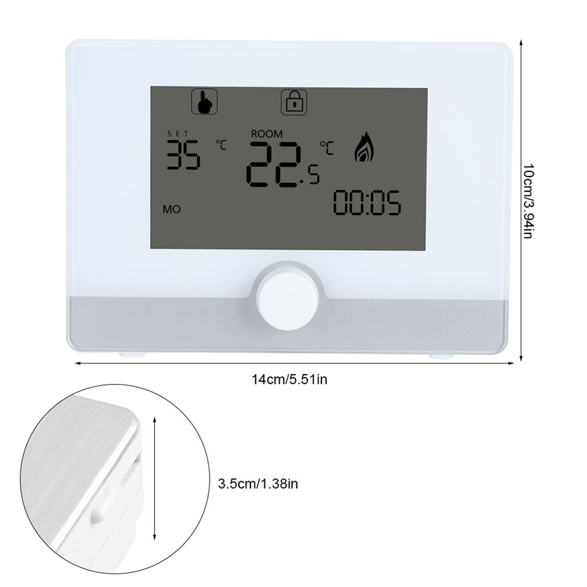 Digitales Thermostat mit Display, das Temperatur, Uhrzeit und Einstellungen anzeigt. Abmessungen 14x10x3,5cm.