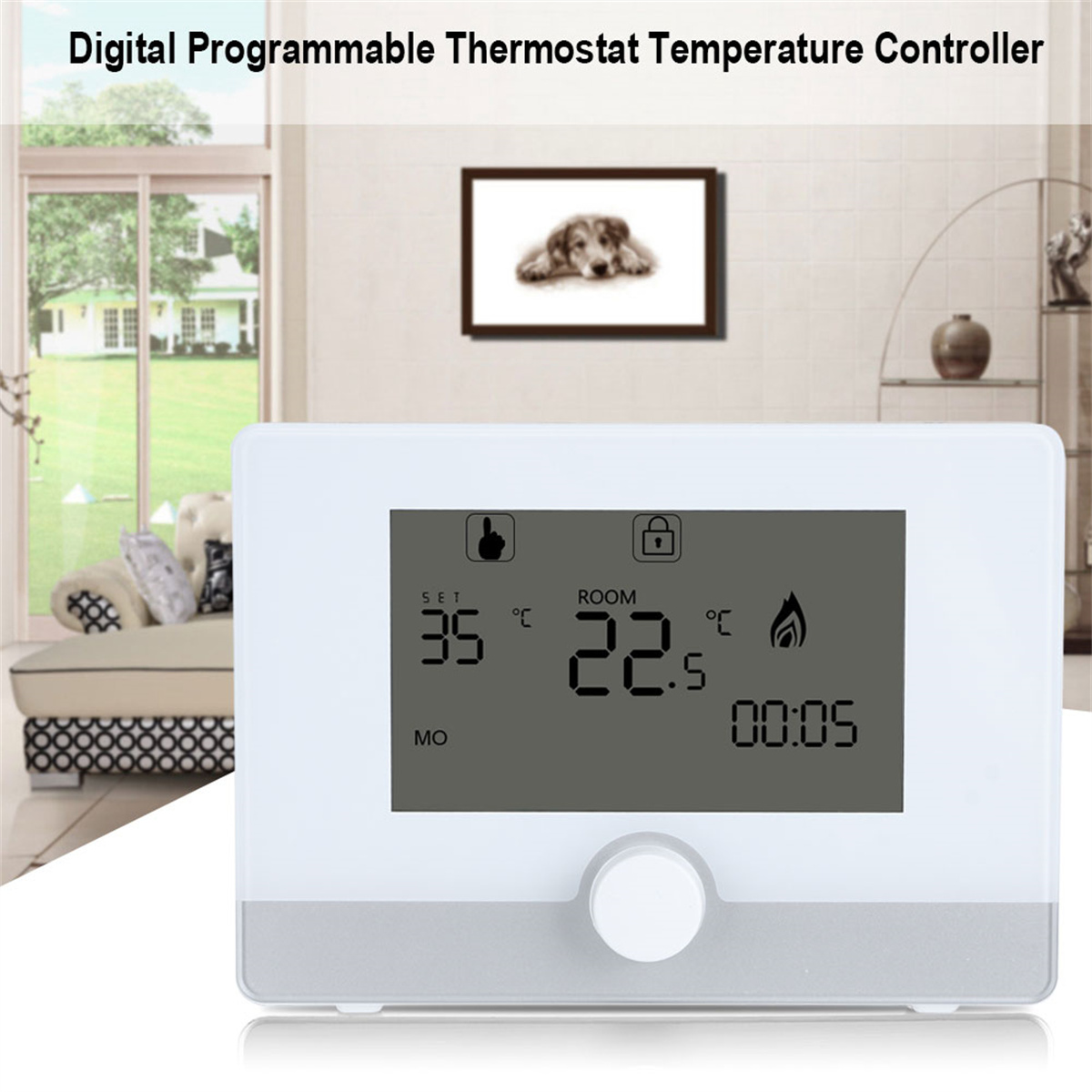 Ein digitaler programmierbarer Thermostat mit Anzeige der Raum- und Solltemperatur.