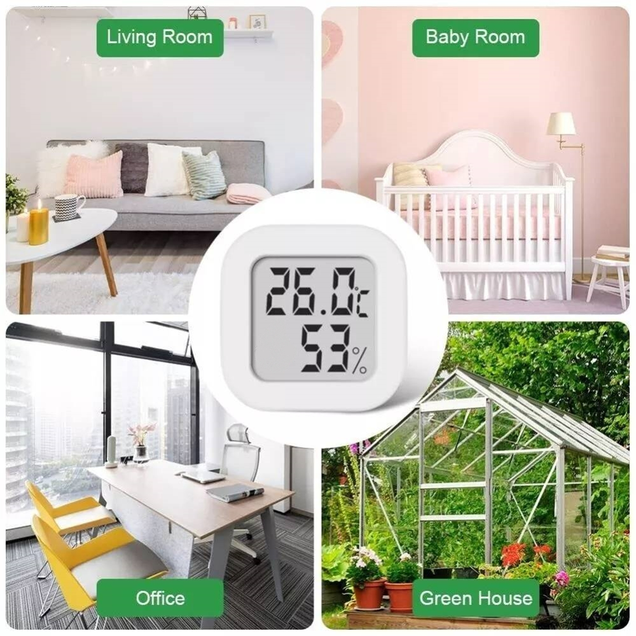 Ein weißes Thermometer zeigt Temperatur und Luftfeuchtigkeit in vier verschiedenen Raumeinstellungen an: Wohnzimmer, Babyzimmer, Büro und Gewächshaus.