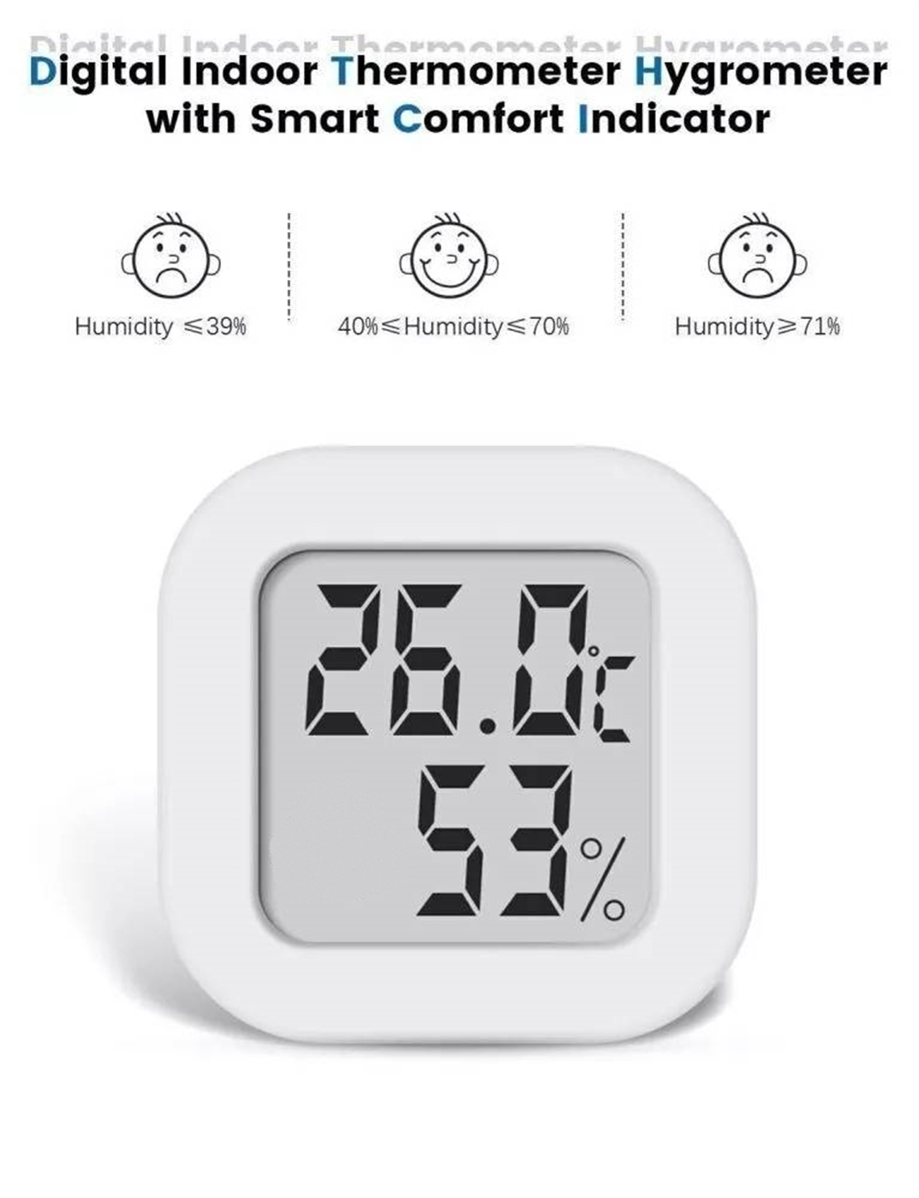 Digitales Thermometer zeigt 26,0°C und 53% Luftfeuchtigkeit. Weißes Gerät mit animierten Gesichtern darüber.