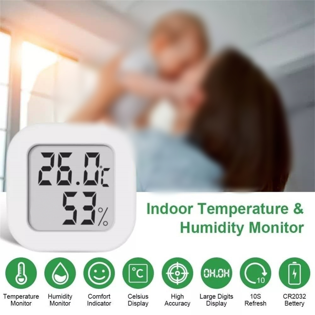Weißes digitales Innenraumthermometer mit großer Anzeige, die 26,0°C und 53% anzeigt. Text und Symbole drumherum.