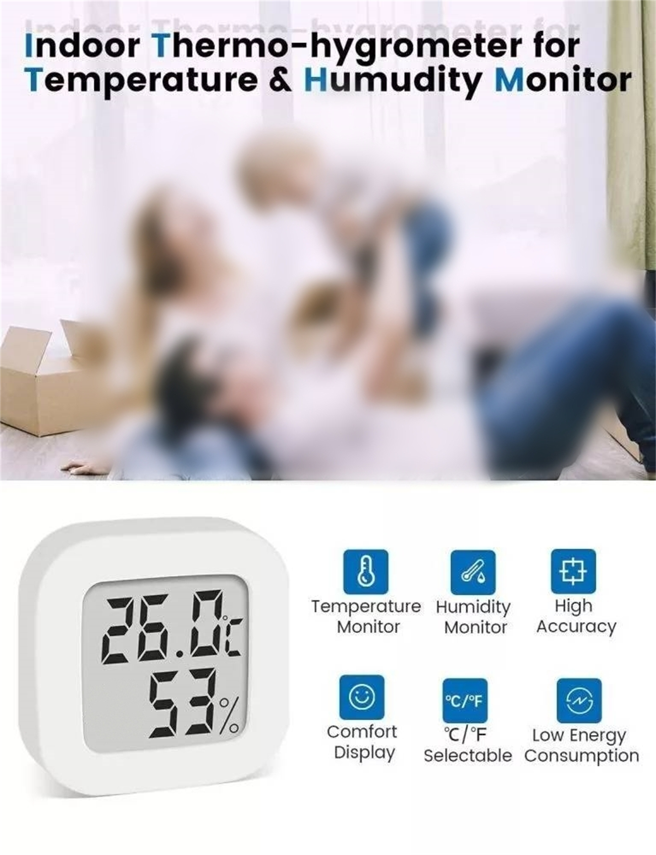 Thermo-Hygrometer für Innenräume mit Temperatur- und Feuchtigkeitsanzeige. Weißes quadratisches Gerät mit Digitalanzeige.