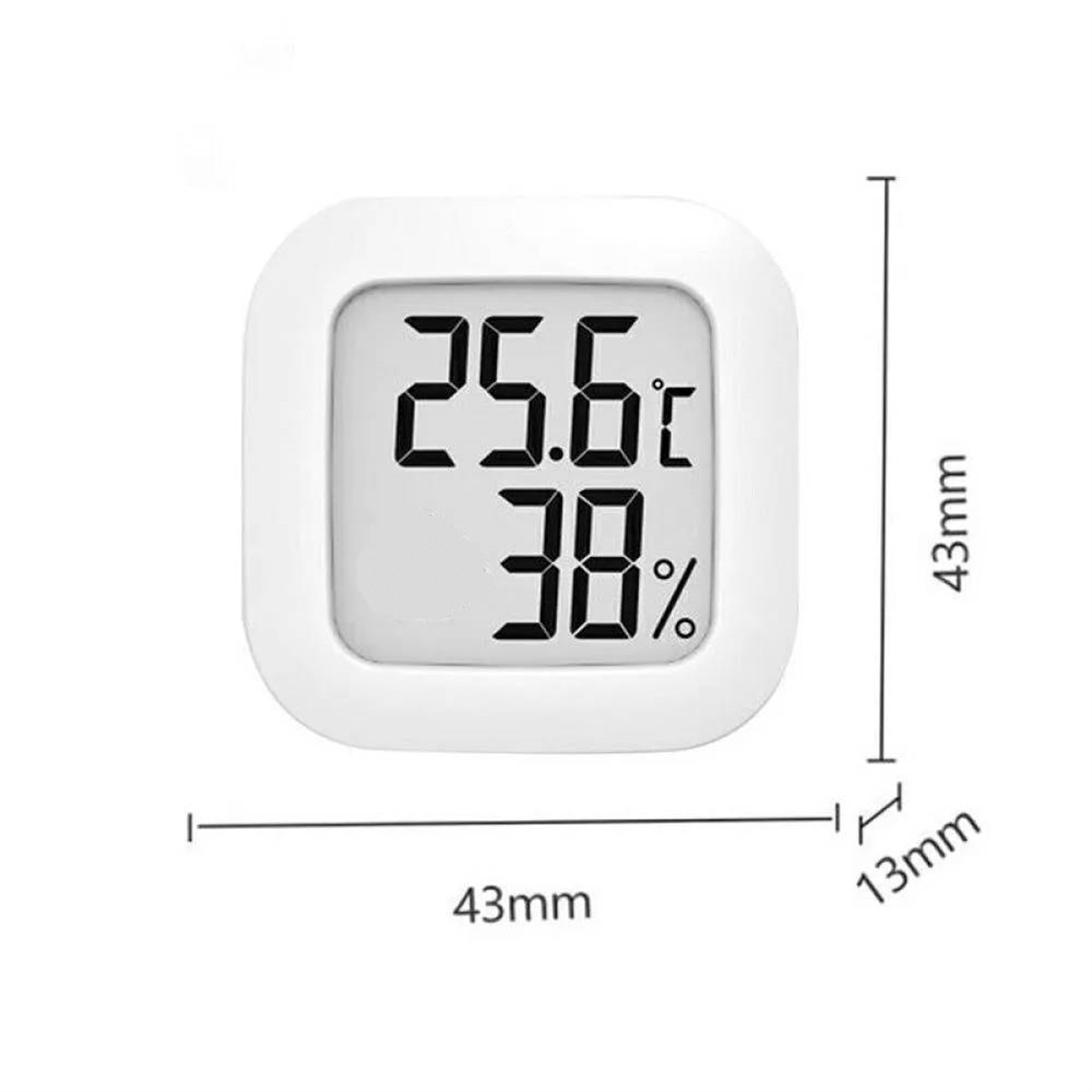 Ein weißes digitales Quadrat-Thermometer zeigt 25,6°C und 38 % Luftfeuchtigkeit an. Abmessungen werden angezeigt.