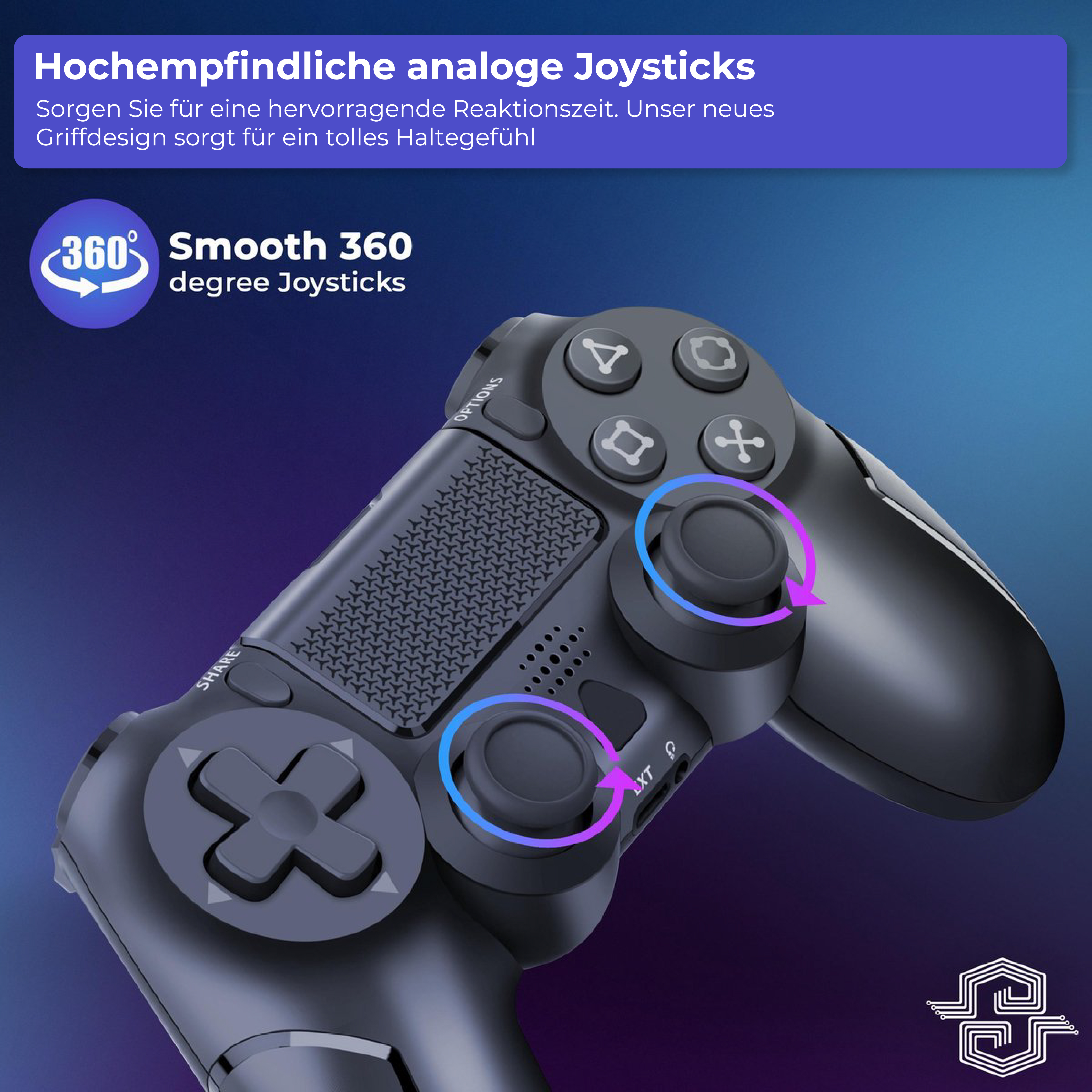 Nahaufnahme eines schwarzen Gamecontrollers mit glatten Joysticks. Blaue und lila Akzente.