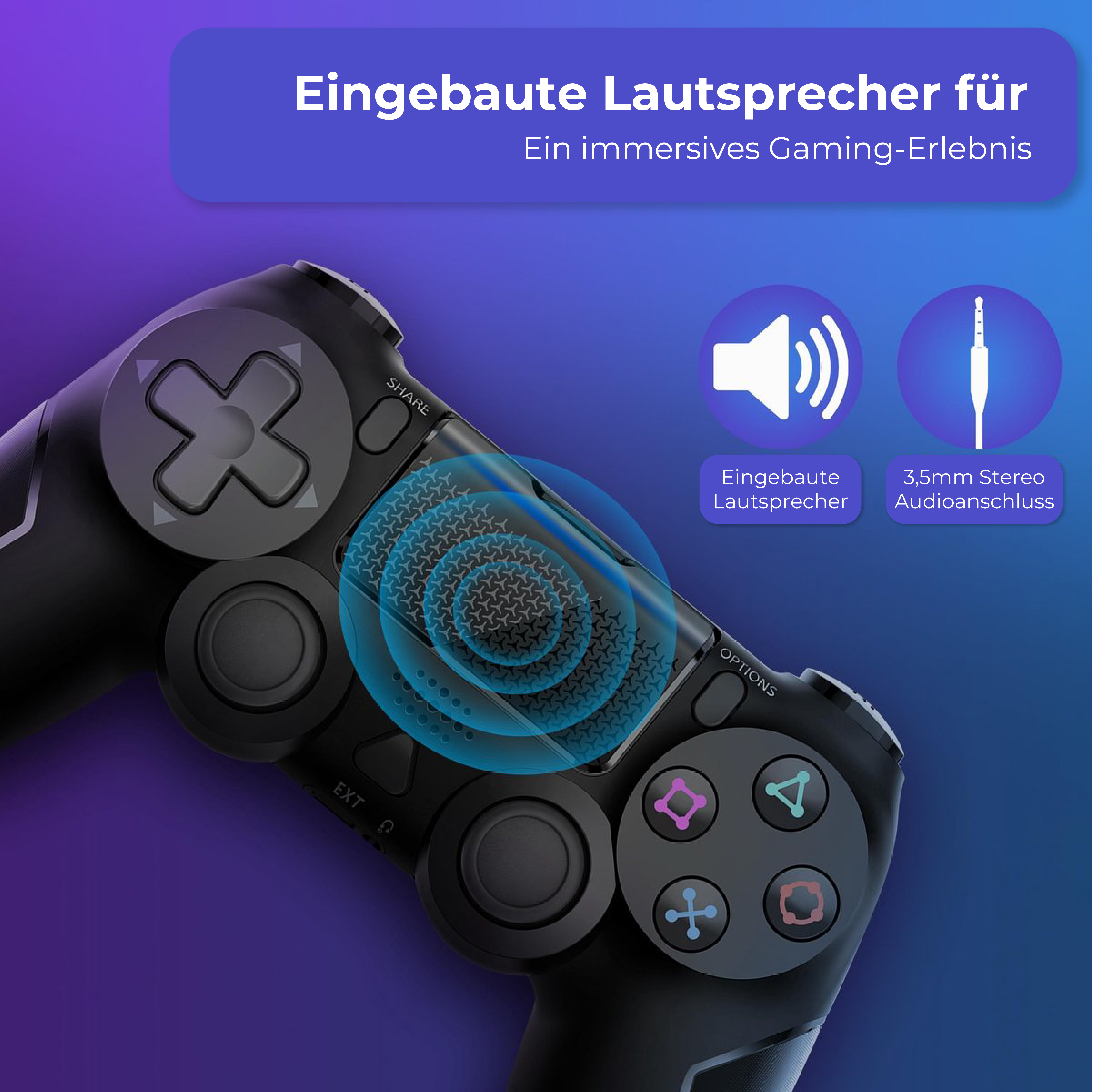 Ein schwarzer PlayStation-Controller mit eingebautem Lautsprecher und 3,5-mm-Audioanschluss mit zugehörigem Text.