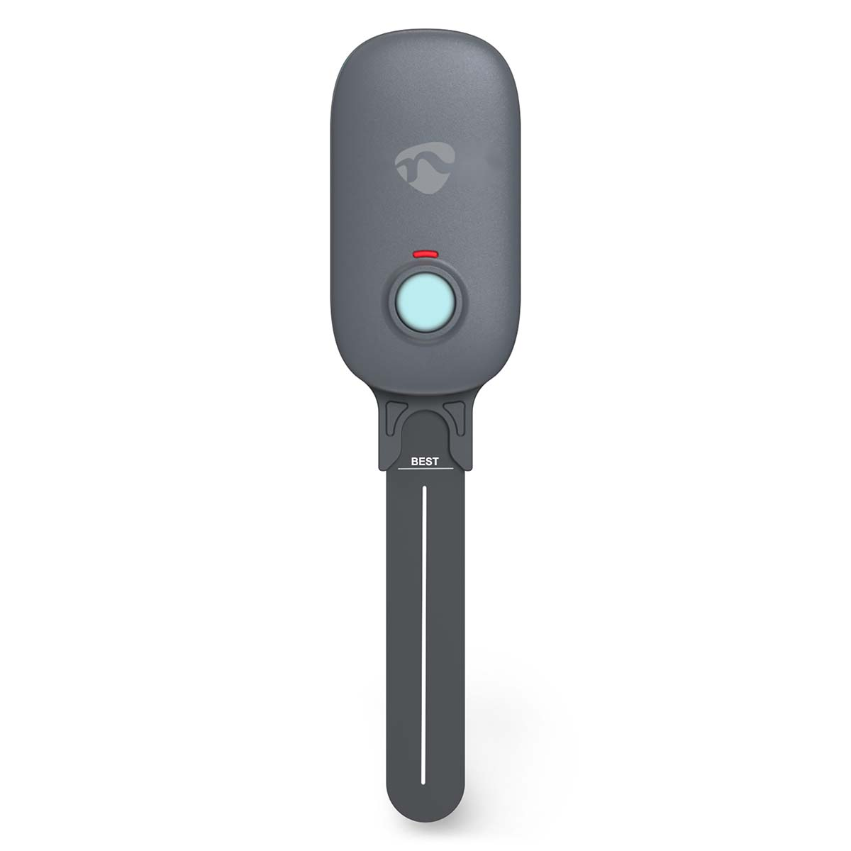 Dispositivo grigio con un pulsante e un accessorio nero etichettato BEST.