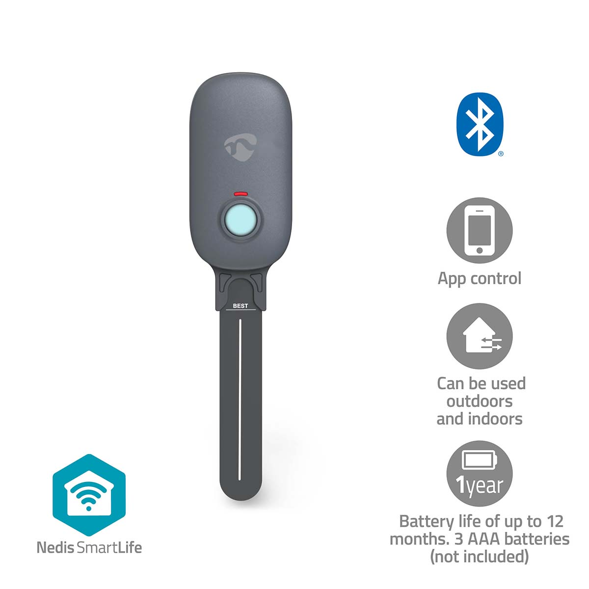 Un dispositivo smart grigio con un pulsante blu, Bluetooth e simboli di controllo app, e altre icone.