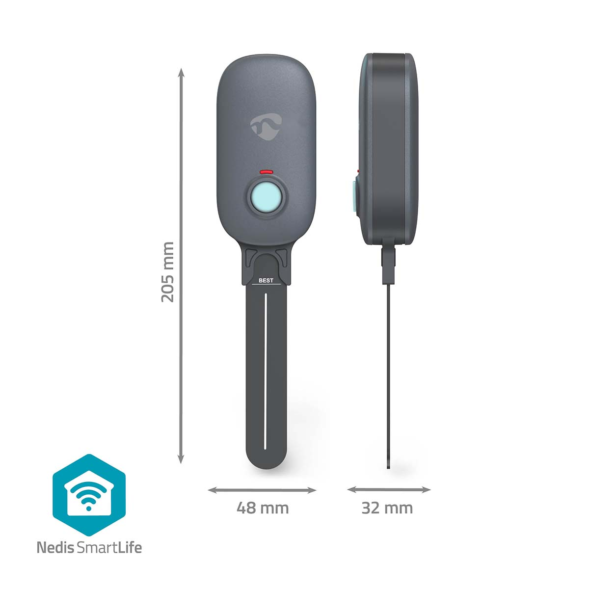 Un dispositivo grigio, ovale, con un pulsante e una sonda, con dimensioni.