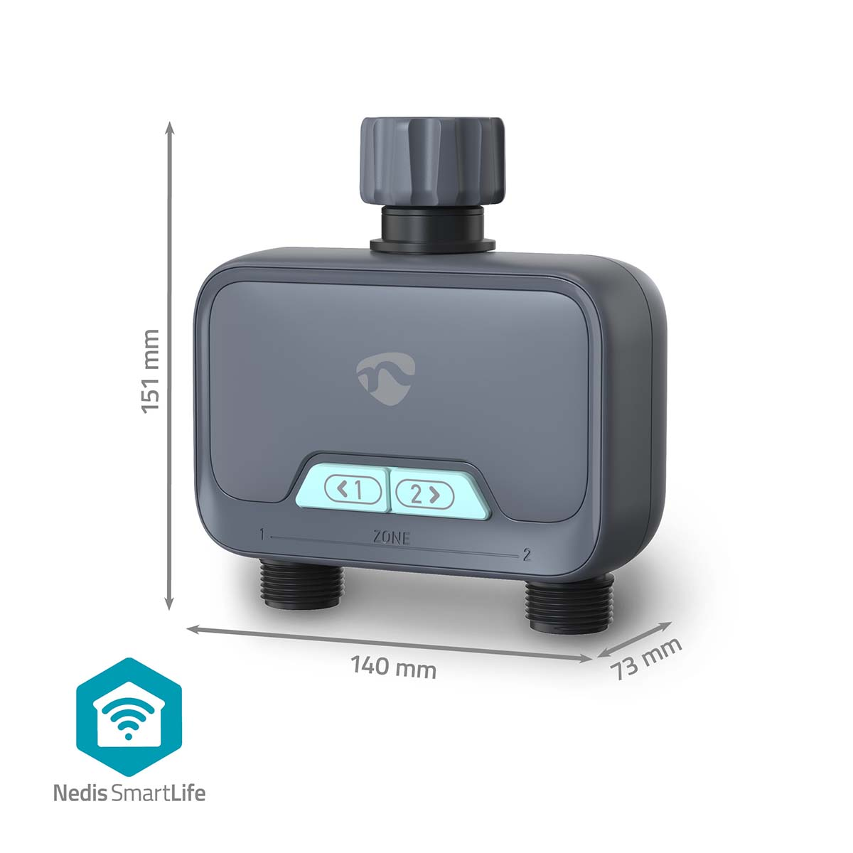 Een grijze slimme watertimer. Toont twee knoppen en een zwarte draaiknop. Afmetingen worden weergegeven.